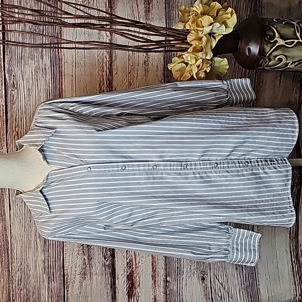 AVENUE THE BEDFORD PLUS SIZE BLUE WHITE STRIPED BUTTON-UP BLOUSE - Picture 9 of 13